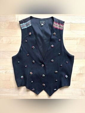 S.L.E.K vintage black and multicolored funky plaid button vest
